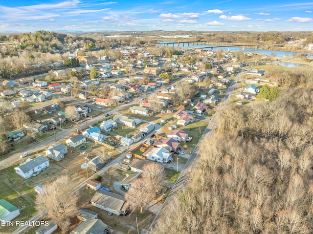 aerial view featuring a water view and a residential view