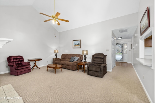 living room with light carpet, high vaulted ceiling, and ceiling fan