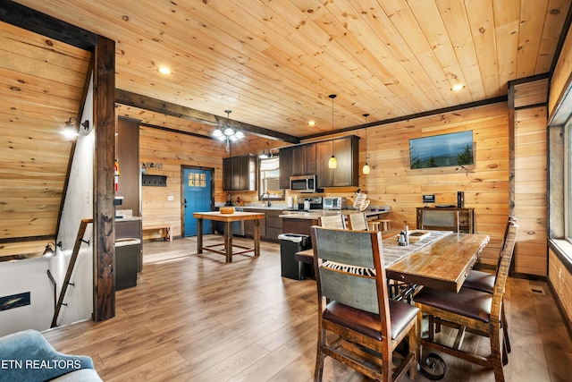 dining room with recessed lighting, wood ceiling, wooden walls, and light wood finished floors