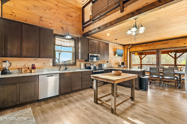 kitchen with pendant lighting, stainless steel appliances, dark brown cabinetry, a sink, and light stone countertops