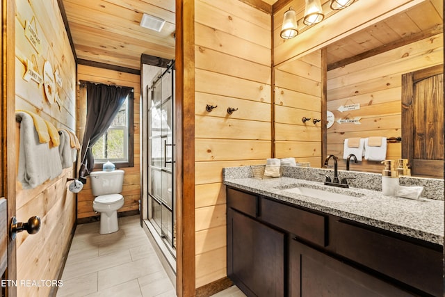 bathroom featuring toilet, wood ceiling, wood walls, a shower stall, and vanity