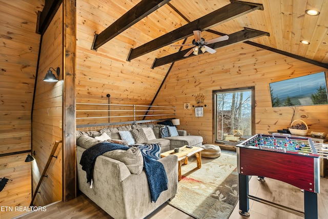 interior space featuring lofted ceiling with beams, wooden ceiling, wooden walls, and wood finished floors