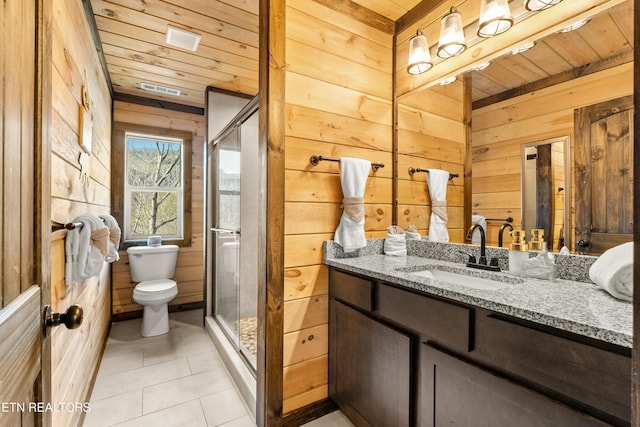 bathroom with wooden ceiling, wooden walls, vanity, tile patterned floors, and a stall shower