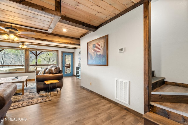 living area with wooden ceiling, wood finished floors, visible vents, baseboards, and beam ceiling