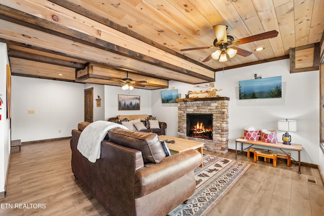 living room featuring light wood finished floors, wood ceiling, and beamed ceiling