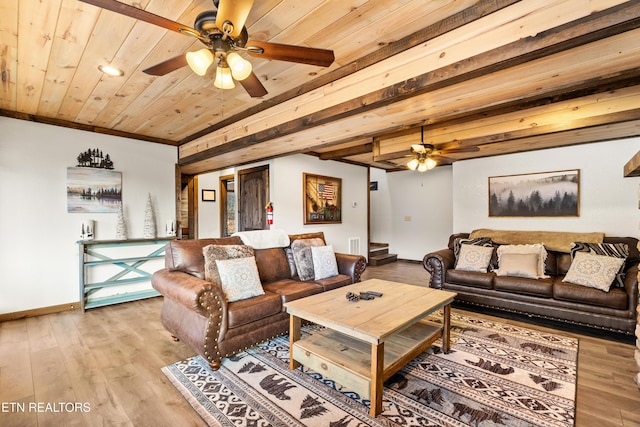 living area featuring stairs, wooden ceiling, light wood-style flooring, and baseboards