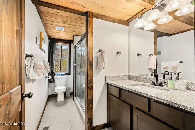 bathroom with toilet, a stall shower, wood ceiling, vanity, and tile patterned floors