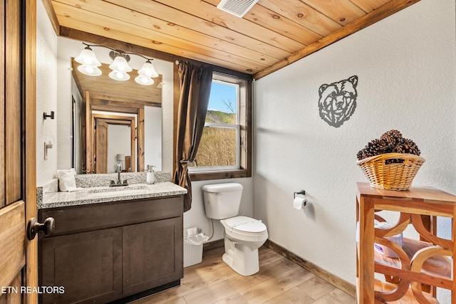 half bath with wooden ceiling, wood finished floors, visible vents, vanity, and baseboards