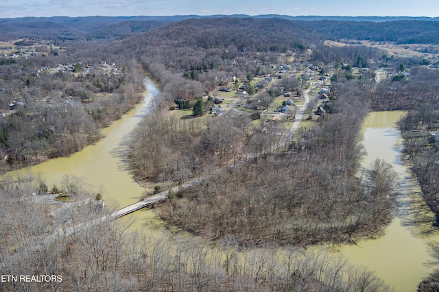 bird's eye view featuring a water and mountain view