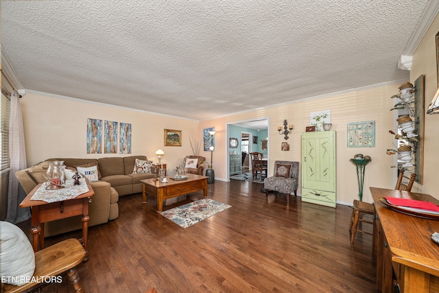 living room featuring a textured ceiling and dark wood-type flooring