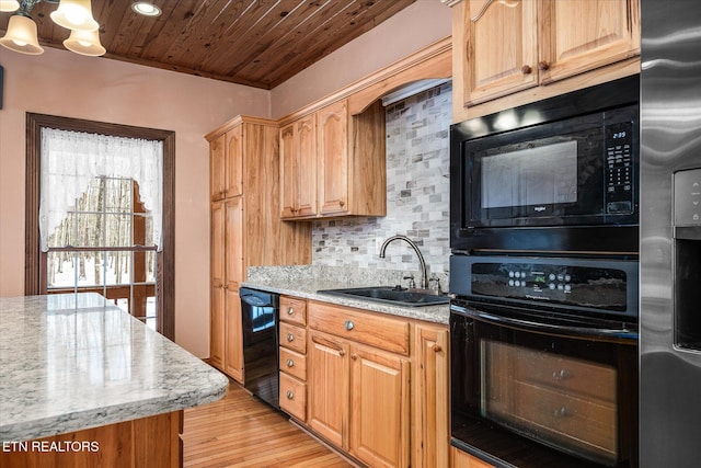 kitchen featuring wooden ceiling, light wood-style flooring, a sink, backsplash, and black appliances