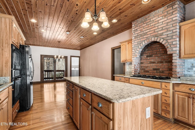 kitchen with a center island, a notable chandelier, light wood-style flooring, wood ceiling, and black appliances