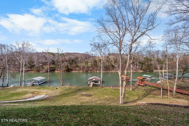 exterior space with a boat dock and a forest view