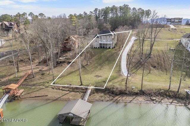 bird's eye view with a water view