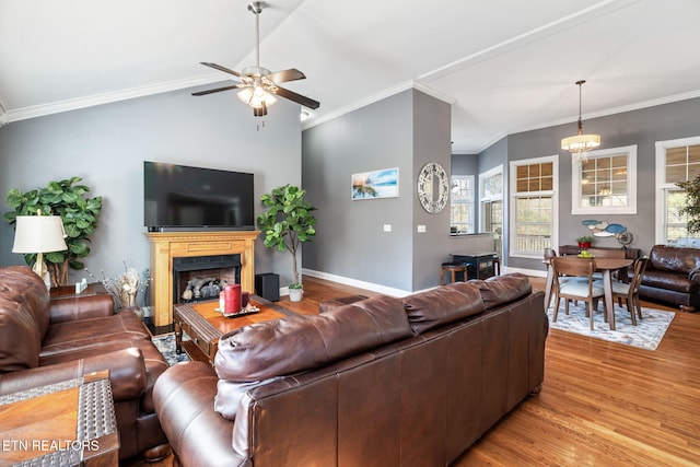 living area featuring crown molding, baseboards, a fireplace, and light wood finished floors