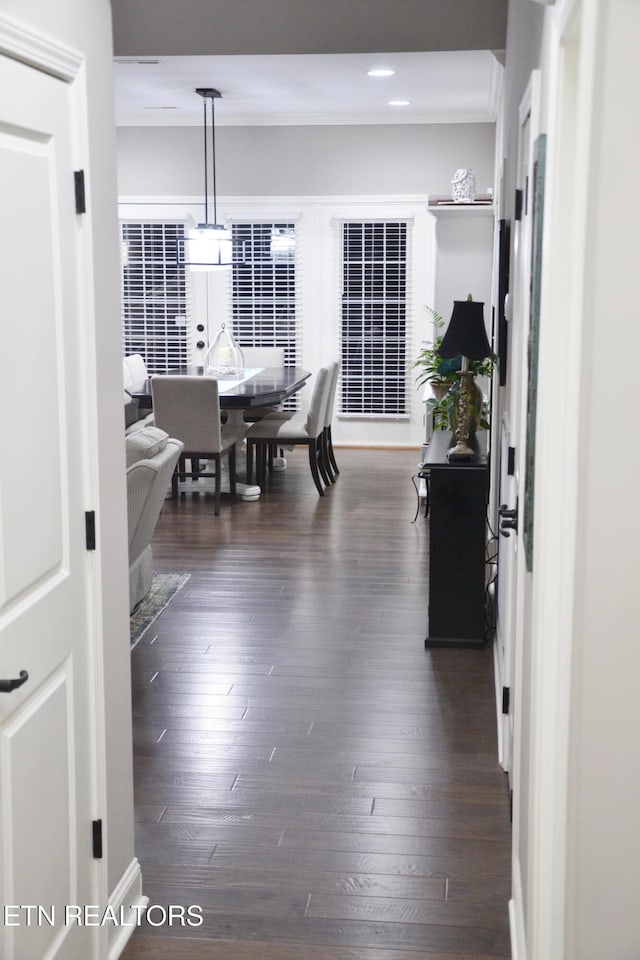 interior space featuring ornamental molding and dark hardwood / wood-style floors