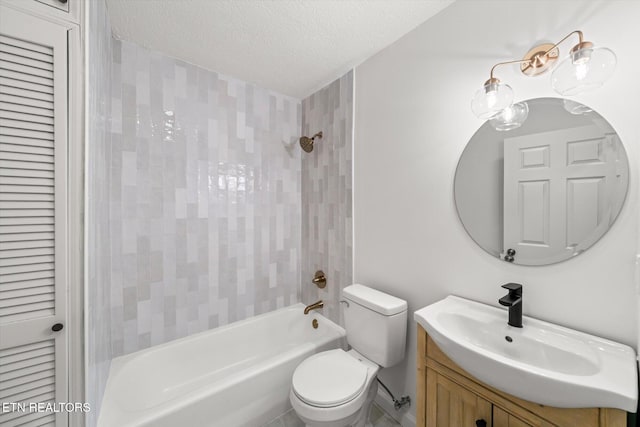 bathroom with toilet, shower / tub combination, a textured ceiling, vanity, and a closet