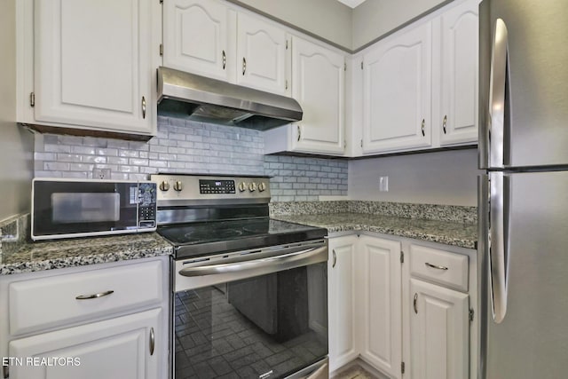 kitchen with under cabinet range hood, white cabinetry, and appliances with stainless steel finishes