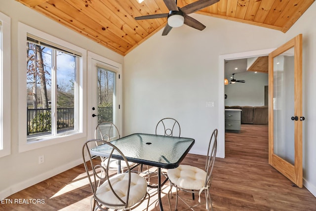 dining space with vaulted ceiling, wood finished floors, and wood ceiling