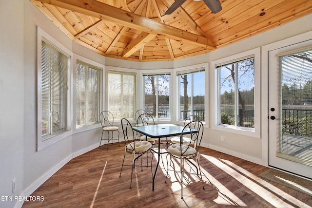 sunroom featuring lofted ceiling with beams, wood ceiling, and a healthy amount of sunlight