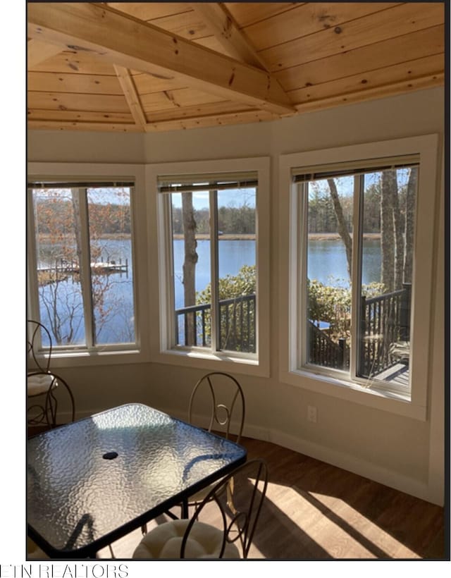 sunroom / solarium with a water view, wooden ceiling, and vaulted ceiling