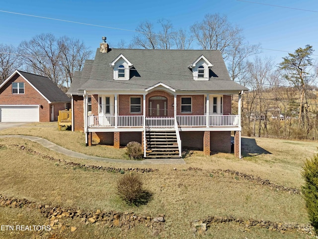 cape cod house featuring covered porch, brick siding, stairway, and a chimney