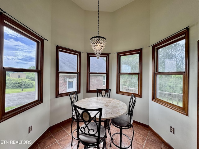 1998 Tranquility Ln, Sevierville, TN 37876 - dining room with a chandelier, healthy amount of natural light, high vaulted ceiling, baseboards, and dark tile patterned floors