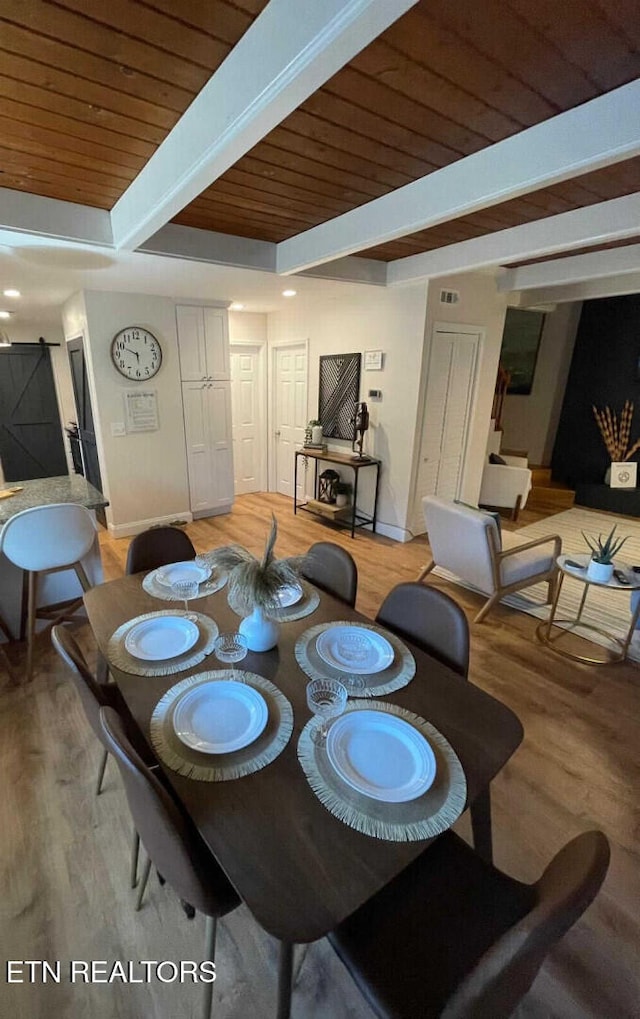 dining space featuring wood ceiling, beam ceiling, baseboards, and wood finished floors