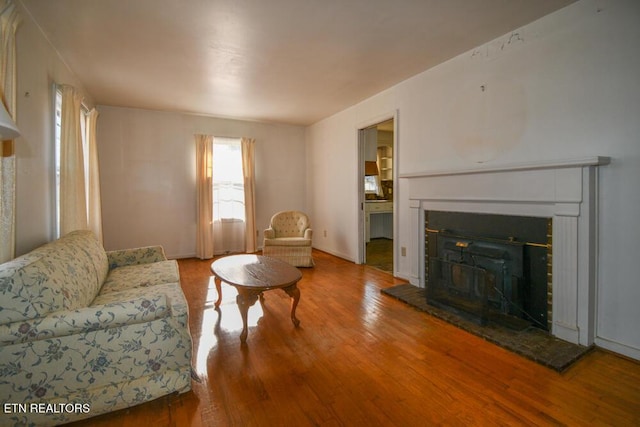 living room with a fireplace with raised hearth and wood finished floors