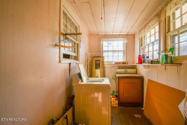 interior space with water heater and washing machine and clothes dryer