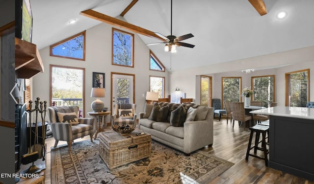 3809 Ravens Den Way, Sevierville, TN 37862 - living area featuring dark wood finished floors, recessed lighting, a ceiling fan, high vaulted ceiling, and beamed ceiling