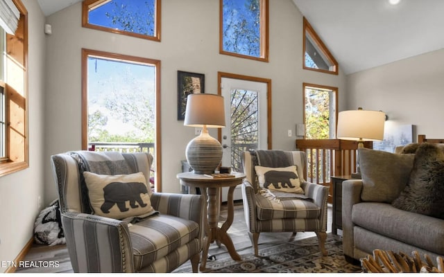 3809 Ravens Den Way, Sevierville, TN 37862 - sitting room with high vaulted ceiling, dark wood finished floors, a wealth of natural light, and baseboards