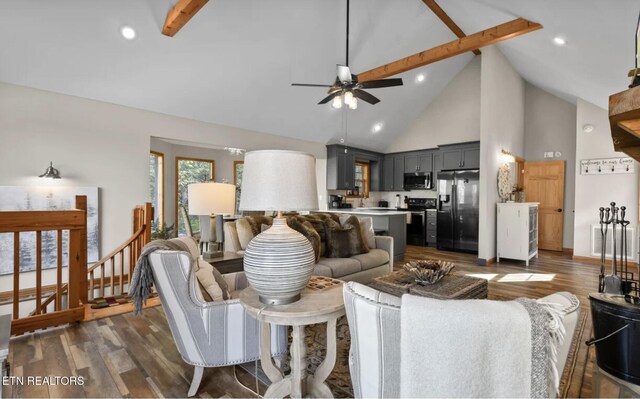 3809 Ravens Den Way, Sevierville, TN 37862 - living area featuring ceiling fan, dark wood-style flooring, beamed ceiling, and high vaulted ceiling