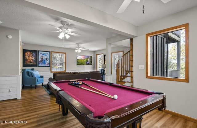 3809 Ravens Den Way, Sevierville, TN 37862 - rec room featuring a textured ceiling, wood finished floors, a ceiling fan, and baseboards