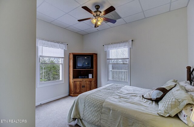 bedroom featuring light carpet, multiple windows, and a paneled ceiling