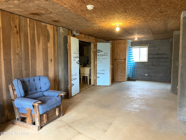 basement with concrete block wall and wood walls