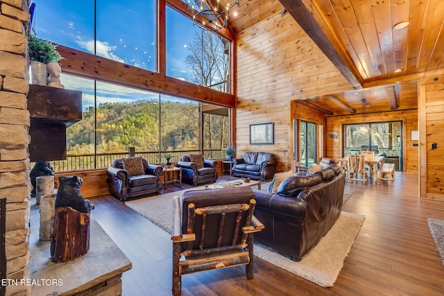 living area with wooden ceiling, hardwood / wood-style floors, and wood walls