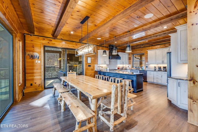 dining space featuring wood walls, wooden ceiling, wood finished floors, and beam ceiling