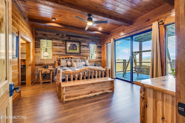 bedroom featuring wooden ceiling, hardwood / wood-style flooring, and wood walls