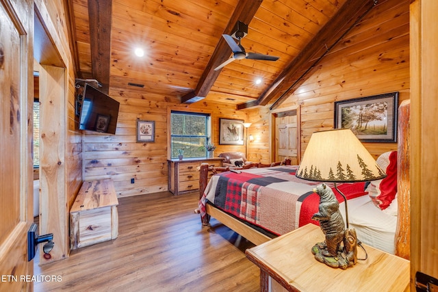 bedroom with lofted ceiling with beams, wood walls, wood ceiling, and wood finished floors