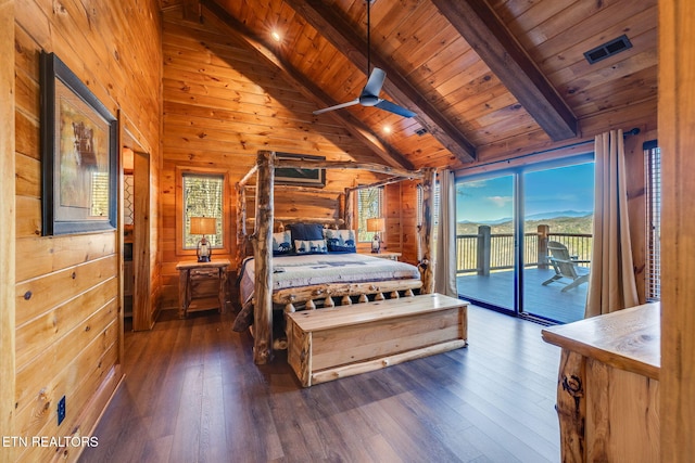 bedroom featuring wooden walls, lofted ceiling with beams, wooden ceiling, hardwood / wood-style floors, and access to exterior