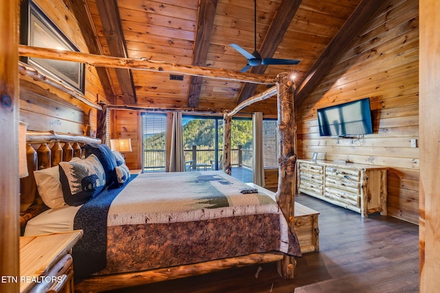 bedroom featuring wooden ceiling, wooden walls, access to exterior, beam ceiling, and dark wood finished floors