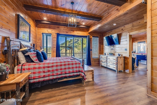 bedroom with wooden ceiling, wooden walls, beam ceiling, and wood finished floors