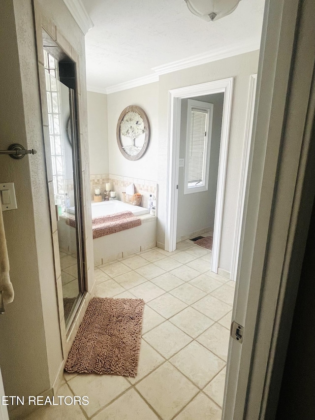 353 Southshore Dr, Greenback, TN 37742 - bathroom with ornamental molding, a bath, a shower stall, tile patterned floors, and healthy amount of natural light