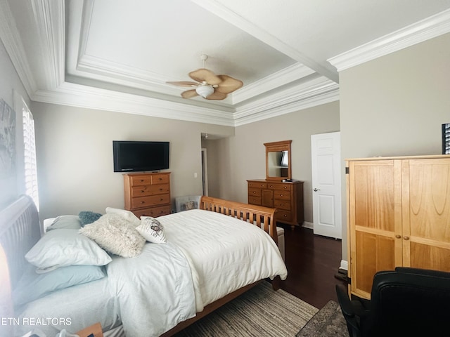 353 Southshore Dr, Greenback, TN 37742 - bedroom with ornamental molding, dark wood-style flooring, a raised ceiling, and a ceiling fan
