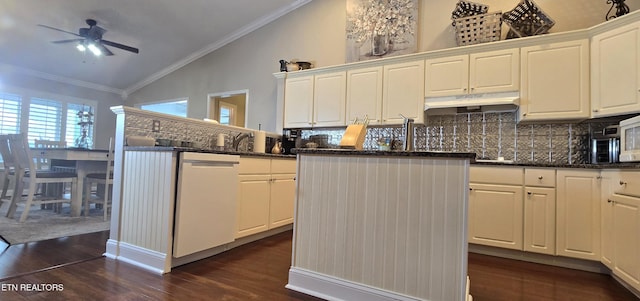 353 Southshore Dr, Greenback, TN 37742 - kitchen featuring lofted ceiling, dishwasher, dark wood-style floors, under cabinet range hood, and crown molding