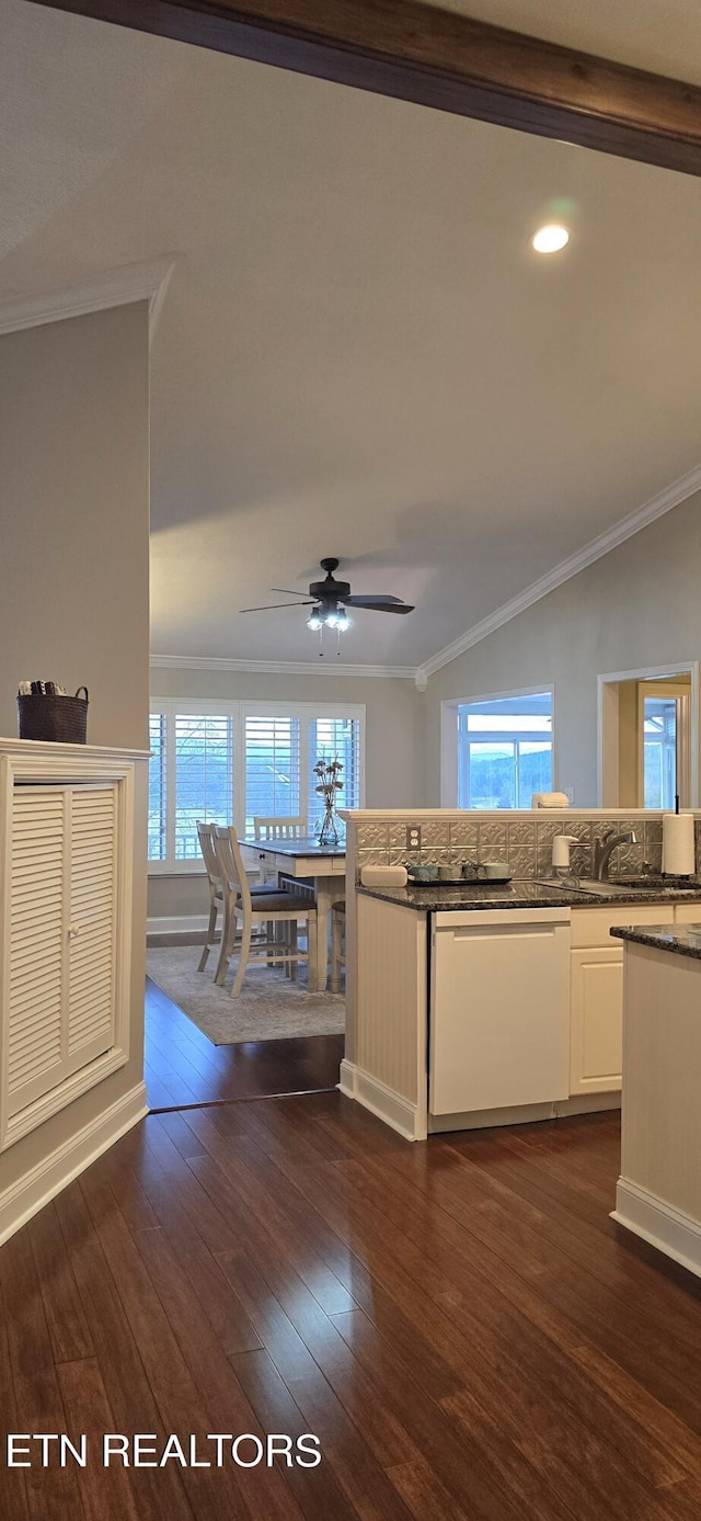 353 Southshore Dr, Greenback, TN 37742 - living room with dark wood-style floors, ornamental molding, a ceiling fan, vaulted ceiling, and recessed lighting