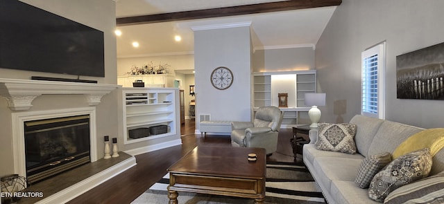 353 Southshore Dr, Greenback, TN 37742 - living area with dark wood-style floors, built in features, ornamental molding, a glass covered fireplace, and beam ceiling
