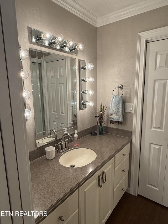 353 Southshore Dr, Greenback, TN 37742 - bathroom with vanity, ornamental molding, wood finished floors, and a textured wall