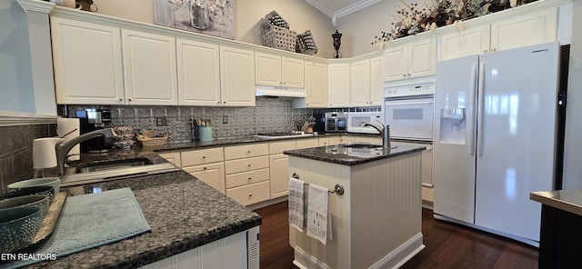 353 Southshore Dr, Greenback, TN 37742 - kitchen featuring white appliances, a sink, a kitchen island with sink, backsplash, and dark wood finished floors